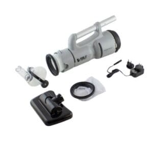 Handheld vacuum cleaner with accessories and charger.