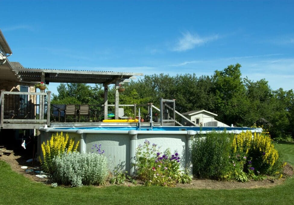 A pool with flowers and plants around it